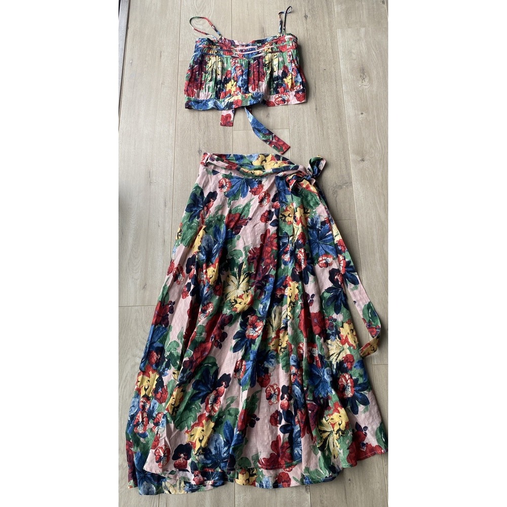 TYSA Floral 2-Piece Set: Smocked Crop Back Tie Top & Midi Wrap Skirt Rayon Boho